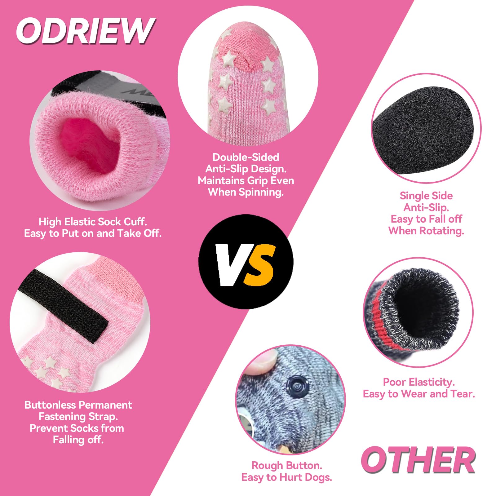 ODRIEW Non Slip Dog Socks to Prevent Licking Paws, Double Sided Grips, Dog Socks for Hardwood Floors Anti Slip, 6Pcs with Elasti
